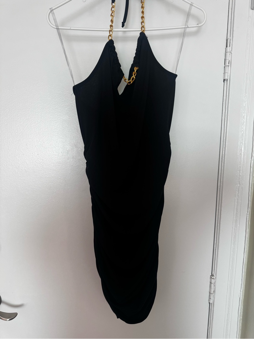 liberty Black Halter Midi Dress with Gold Chain Straps